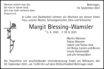 Traueranzeige von Margit Blessing-Wamsler von Gmünder Tagespost