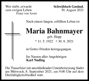 Traueranzeige von Maria Bahnmayer von Gmünder Tagespost