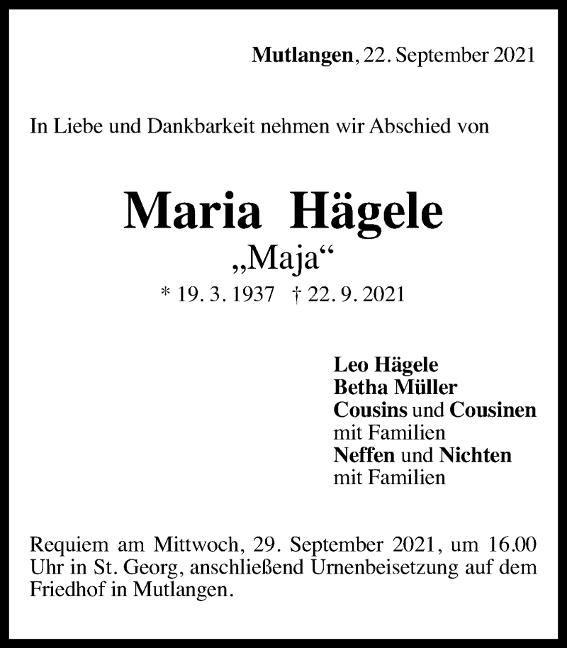  Traueranzeige für Maria Hägele vom 27.09.2021 aus Gmünder Tagespost