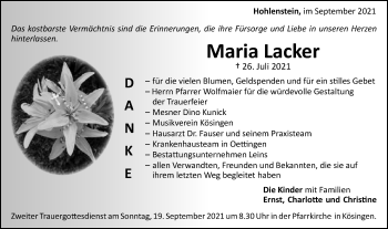 Traueranzeige von Maria Lacker von Schwäbische Post