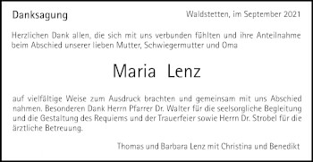 Traueranzeige von Maria Lenz von Gmünder Tagespost
