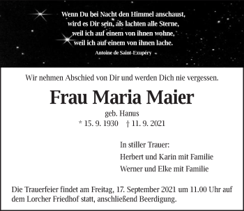 Traueranzeige von Maria Maier von Gmünder Tagespost