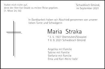 Traueranzeige von Maria Straka von Gmünder Tagespost