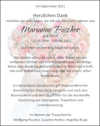 Traueranzeige von Marianne Pascher von Schwäbische Post
