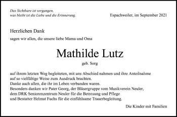 Traueranzeige von Mathilde Lutz von Schwäbische Post