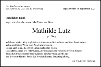 Traueranzeige von Mathilde Lutz