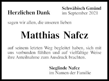 Traueranzeige von Matthias Nafcz von Gmünder Tagespost