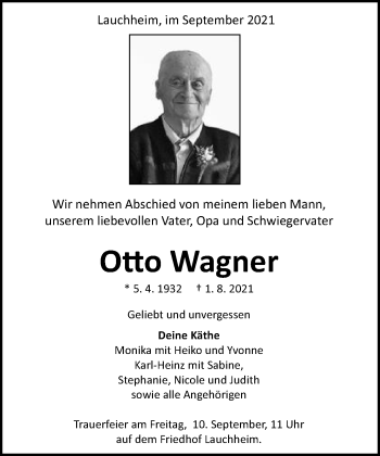 Traueranzeige von Otto Wagner von Schwäbische Post