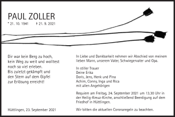 Traueranzeige von Paul Zoller von Schwäbische Post