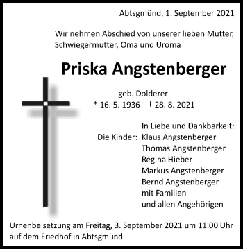 Traueranzeige von Priska Angstenberger von Schwäbische Post