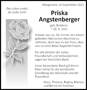 Traueranzeige von Priska Angstenberger von Schwäbische Post