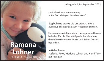 Traueranzeige von Ramona  Lohner  von Schwäbische Post