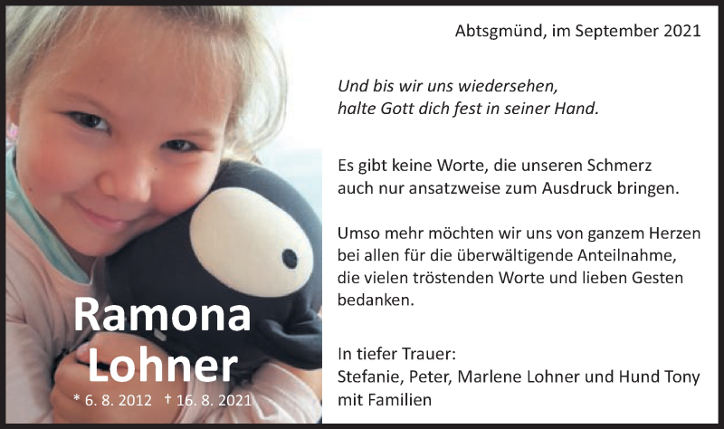  Traueranzeige für Ramona Lohner vom 04.09.2021 aus Schwäbische Post