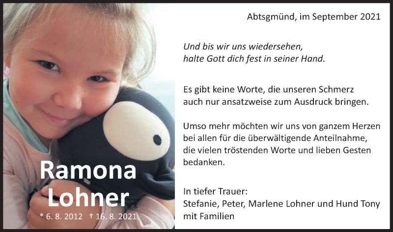  Traueranzeige für Ramona  Lohner  vom 04.09.2021 aus Schwäbische Post