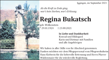 Traueranzeige von Regina Bukatsch von Gmünder Tagespost