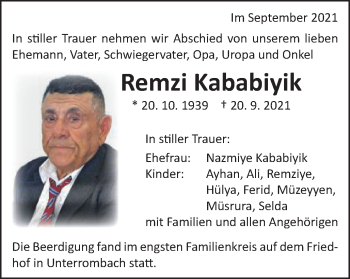 Traueranzeige von Remzi Kababiyik von Schwäbische Post