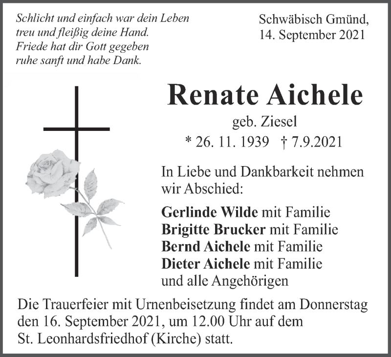  Traueranzeige für Renate Aichele vom 14.09.2021 aus Gmünder Tagespost