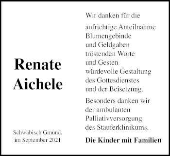 Traueranzeige von Renate Aichele von Gmünder Tagespost