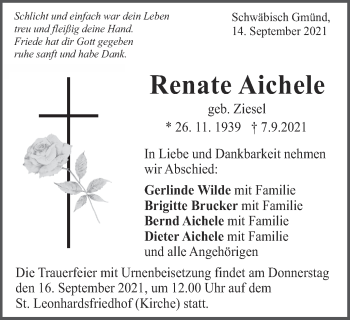 Traueranzeige von Renate Aichele von Gmünder Tagespost