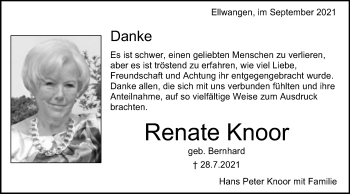 Traueranzeige von Renate Knoor von Schwäbische Post
