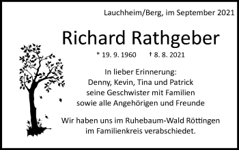 Traueranzeige von Richard Rathgeber von Schwäbische Post