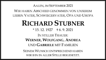 Traueranzeige von Richard Stubner von Schwäbische Post
