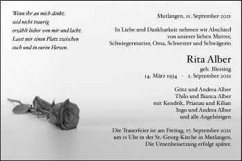 Traueranzeige von Rita Alber von Gmünder Tagespost