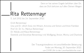Traueranzeige von Rita Rettenmayr von Gmünder Tagespost