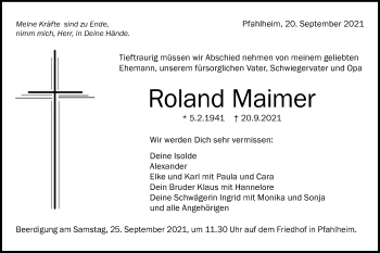 Traueranzeige von Roland Maimer von Schwäbische Post