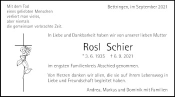 Traueranzeige von Rosl Schier von Gmünder Tagespost