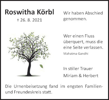 Traueranzeige von Roswitha Körbl von Schwäbische Post