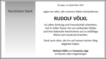 Traueranzeige von Rudolf Völkl von Schwäbische Post