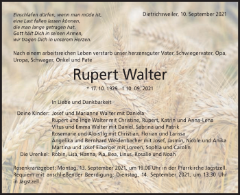 Traueranzeige von Rupert Walter von Schwäbische Post