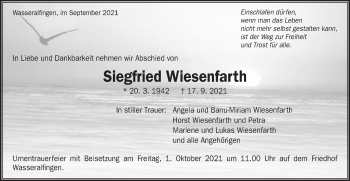 Traueranzeige von Siegfried Wiesenfarth von Schwäbische Post