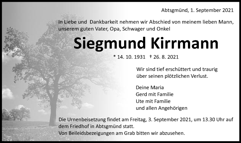  Traueranzeige für Siegmund Kirrmann vom 01.09.2021 aus Schwäbische Post