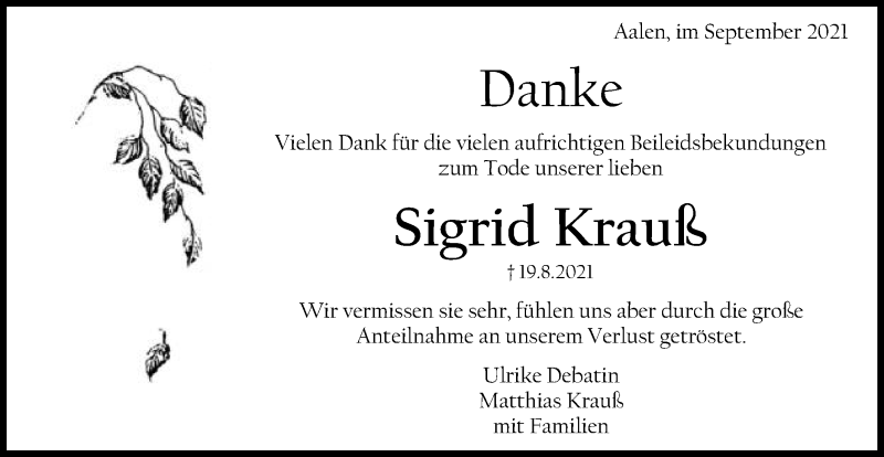  Traueranzeige für Sigrid Krauß vom 15.09.2021 aus Schwäbische Post