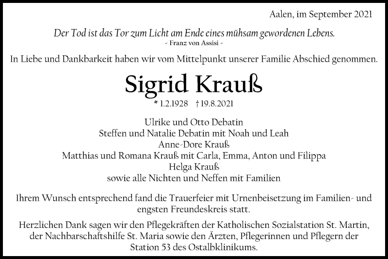  Traueranzeige für Sigrid Krauß vom 01.09.2021 aus Schwäbische Post
