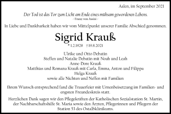 Traueranzeige von Sigrid Krauß von Schwäbische Post