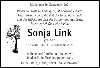 Traueranzeige von Sonja Link von Gmünder Tagespost