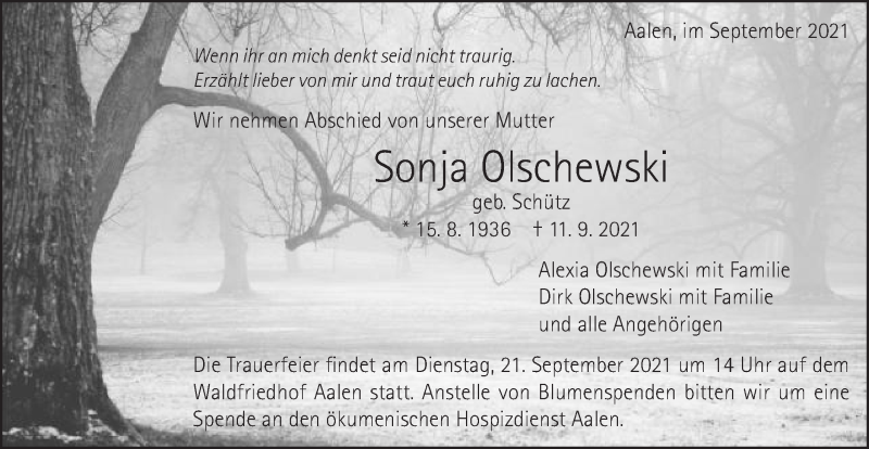  Traueranzeige für Sonja Olschewski vom 15.09.2021 aus Schwäbische Post
