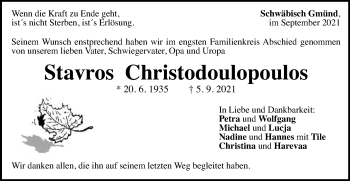 Traueranzeige von Stavros Christodoulopoulos von Gmünder Tagespost
