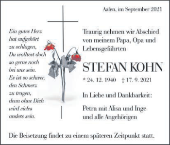 Traueranzeige von Stefan Kohn von Schwäbische Post