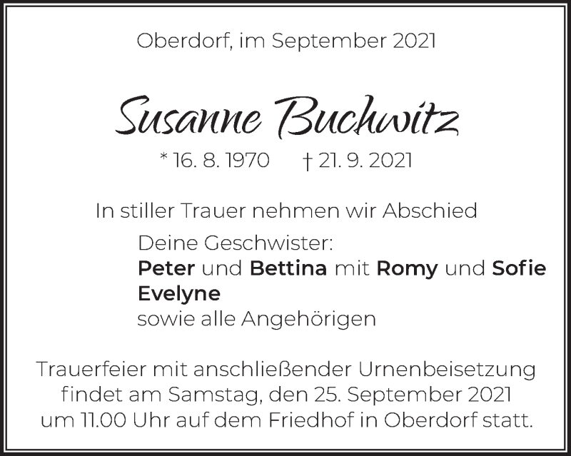  Traueranzeige für Susanne Buchwitz vom 24.09.2021 aus Schwäbische Post