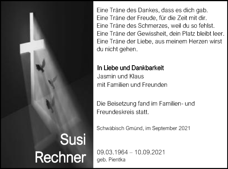  Traueranzeige für Susi Rechner vom 23.09.2021 aus Gmünder Tagespost