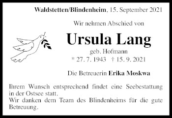 Traueranzeige von Ursula Lang von Gmünder Tagespost