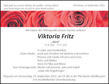 Traueranzeige von Viktoria Fritz von Schwäbische Post