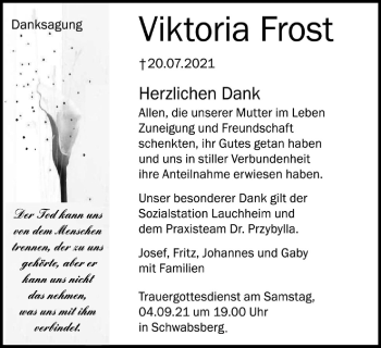 Traueranzeige von Viktoria Frost von Schwäbische Post