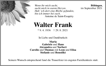 Traueranzeige von Walter Frank von Gmünder Tagespost