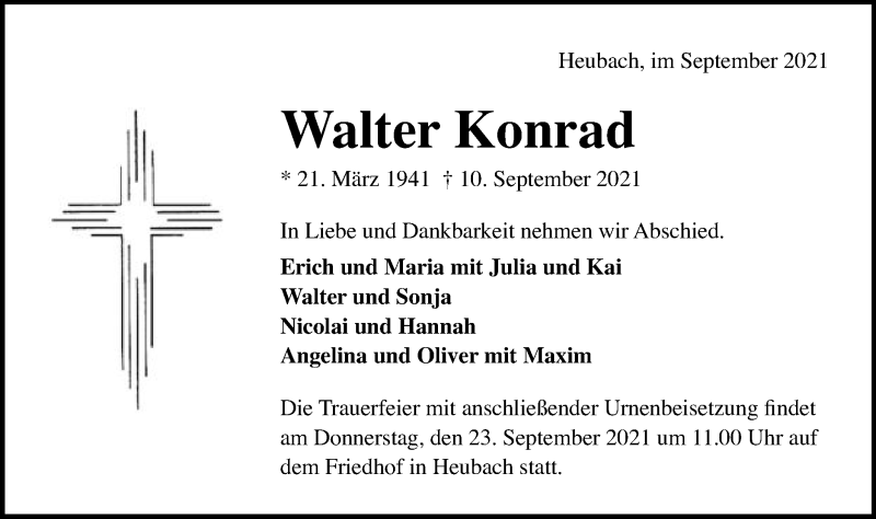 Traueranzeige für Walter Konrad vom 21.09.2021 aus Gmünder Tagespost