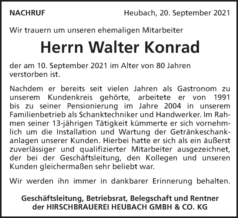  Traueranzeige für Walter Konrad vom 21.09.2021 aus Gmünder Tagespost